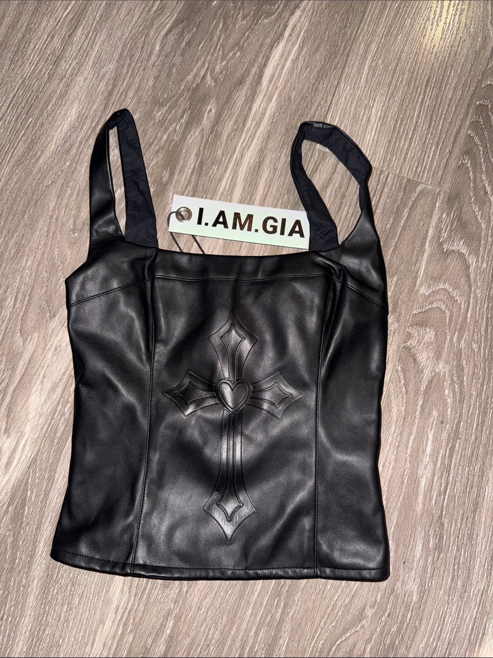 I.AM.GIA RIVA top black Vegan Leather Cross-Embroidered Tank